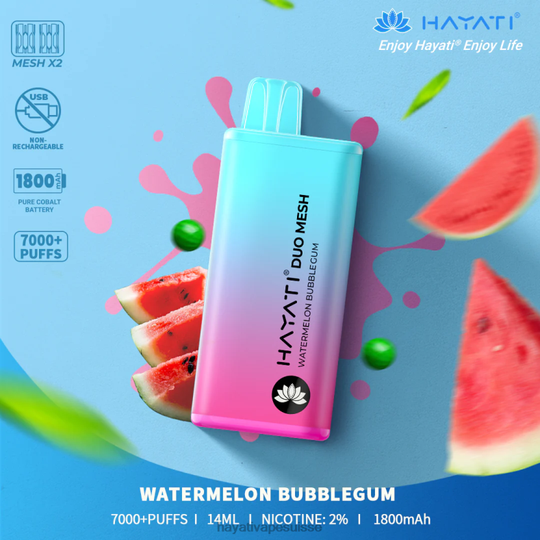 Hayati Duo Mesh jetable chewing-gum à la pastèque - Hayati vape Suisse 2ND0X185
