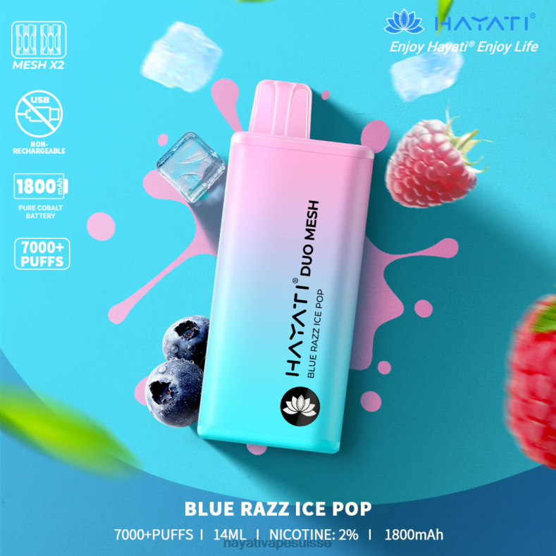 Hayati Duo Mesh jetable glace bleue Razz - Hayati vape near me 2ND0X166
