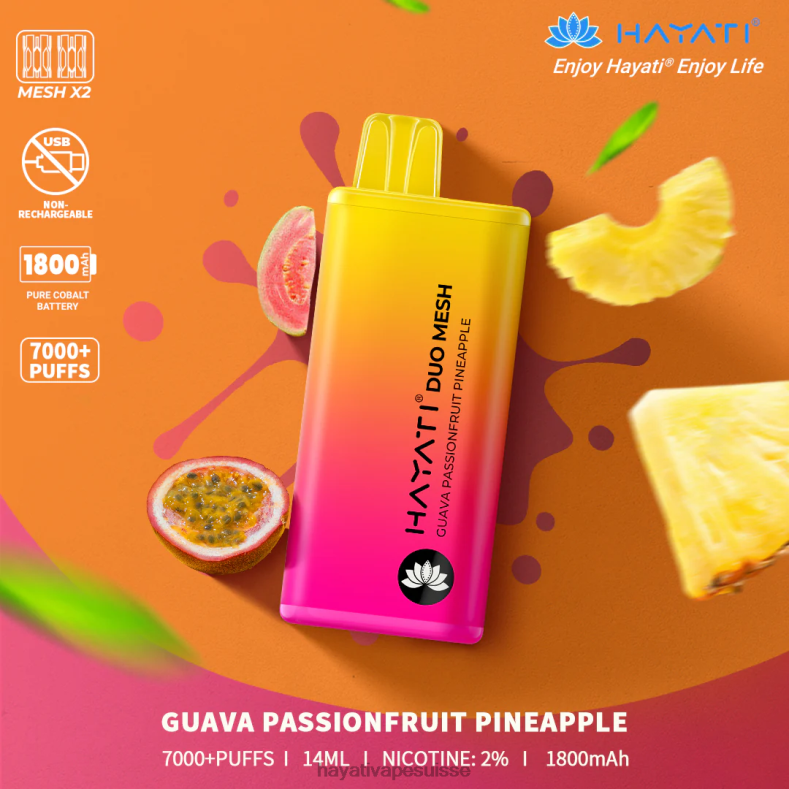 Hayati Duo Mesh jetable goyave, fruit de la passion, ananas - Hayati store Suisse 2ND0X170