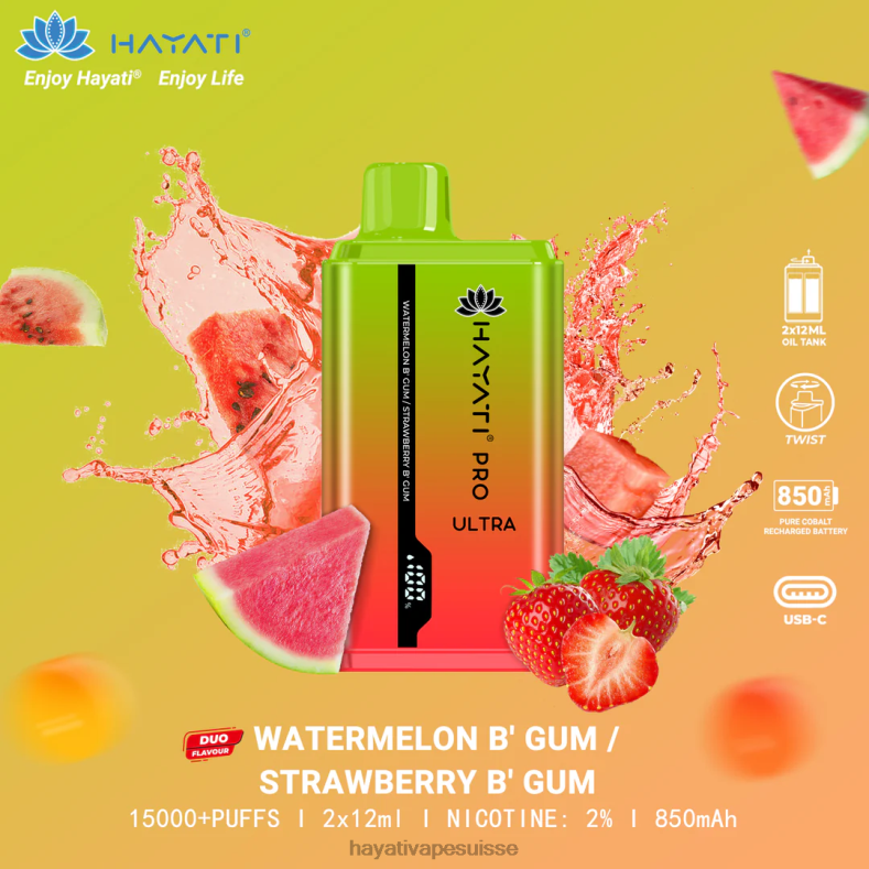 Hayati Pro Ultra jetable 15000 bouffées bubblegum pastèque / bubblegum fraise - Hayati vape review 2ND0X227