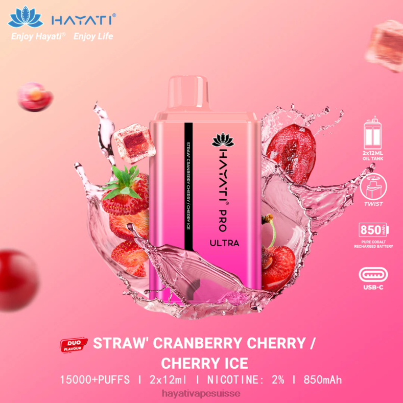 Hayati Pro Ultra jetable 15000 bouffées glace fraise-canneberge cerise-cerise - Hayati vape Suisse 2ND0X225