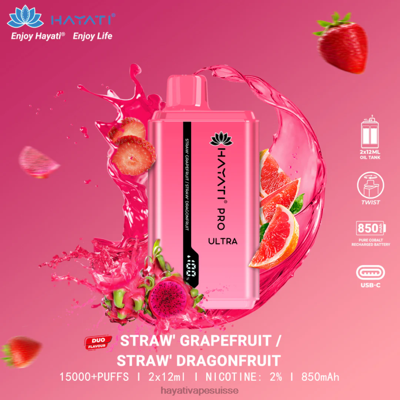 Hayati Pro Ultra jetable 15000 bouffées pamplemousse fraise/fruit du dragon fraise - Hayati vape near me 2ND0X226