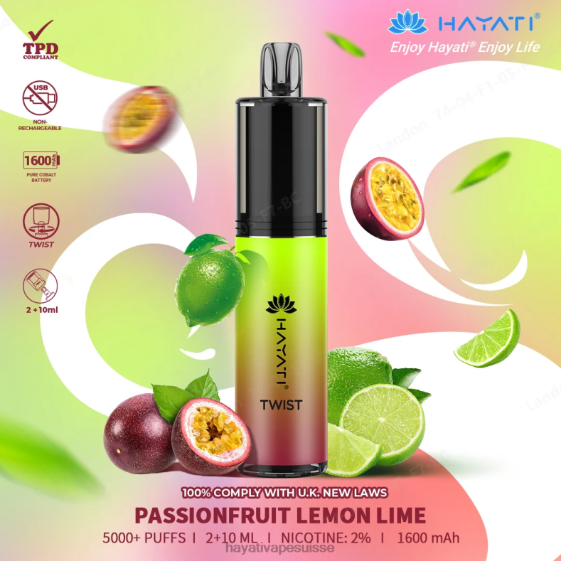 Hayati Twist jetable fruit de la passion citron vert - Hayati flavours Suisse 2ND0X78
