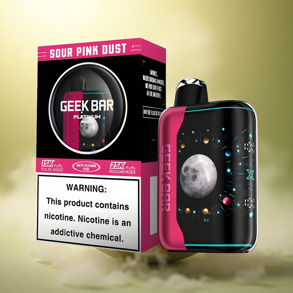 GEEK BAR Platinum Edition 25000 Puffs Poussière Rose Acidulée avec 2% de nicotine et finition acier platine mat