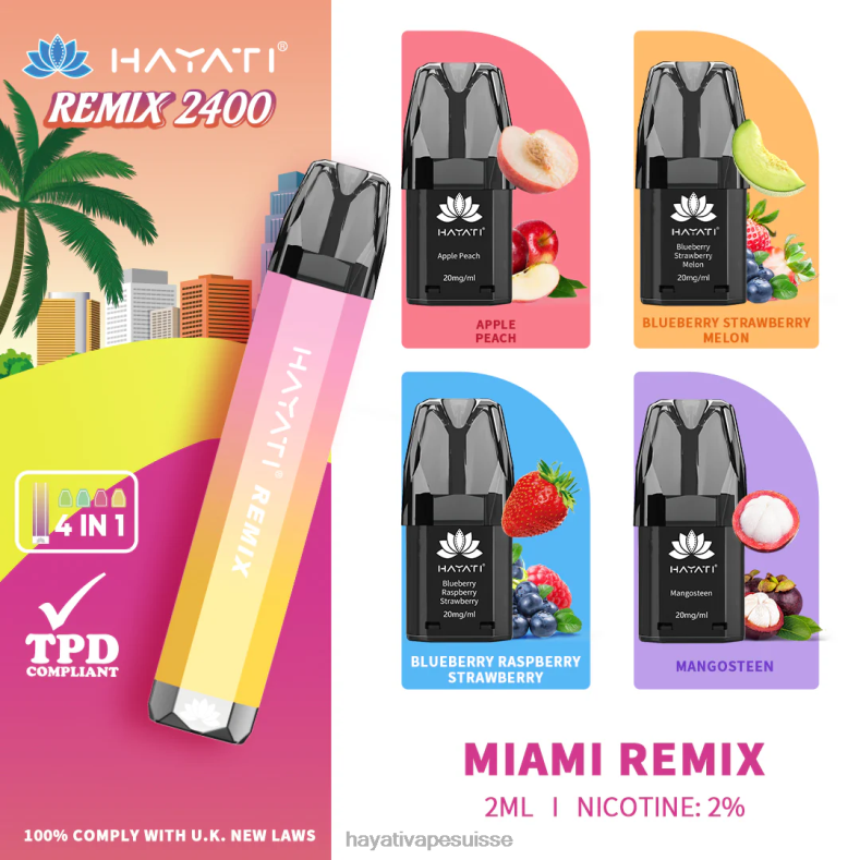 Hayati Remix système de dosettes préremplies 2400 bouffées miami remix - Hayati vape near me 2ND0X56