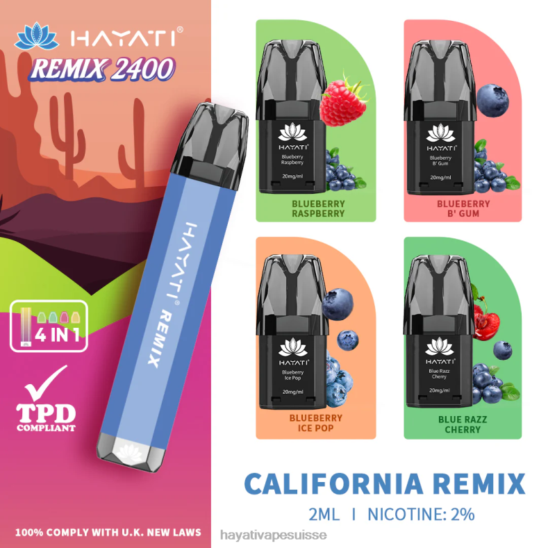 Hayati Remix système de dosettes préremplies 2400 bouffées remix californien - Hayati vape flavours 2ND0X51
