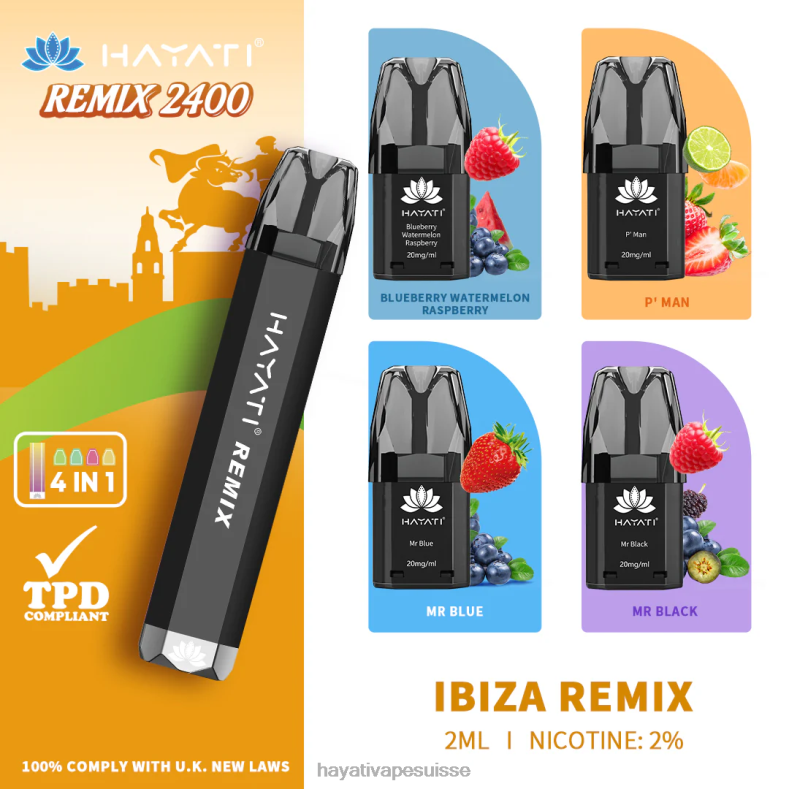 Hayati Remix système de dosettes préremplies 2400 bouffées remix d'ibiza - Hayati vape Suisse 2ND0X55