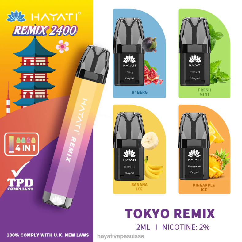 Hayati Remix système de dosettes préremplies 2400 bouffées remix de tokyo - Hayati flavours Suisse 2ND0X58
